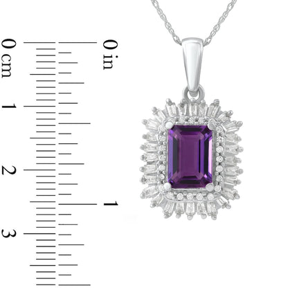 Emerald-Cut Amethyst and 0.25 CT. T.W. Baguette and Round Natural Diamond Double Frame Pendant in 10K White Gold