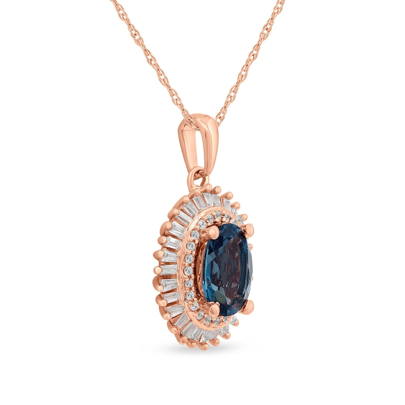 Oval London Blue Topaz and 0.25 CT. T.W. Baguette and Round Natural Diamond Double Frame Pendant in 10K Rose Gold