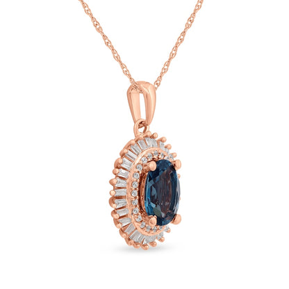 Oval London Blue Topaz and 0.25 CT. T.W. Baguette and Round Natural Diamond Double Frame Pendant in 10K Rose Gold