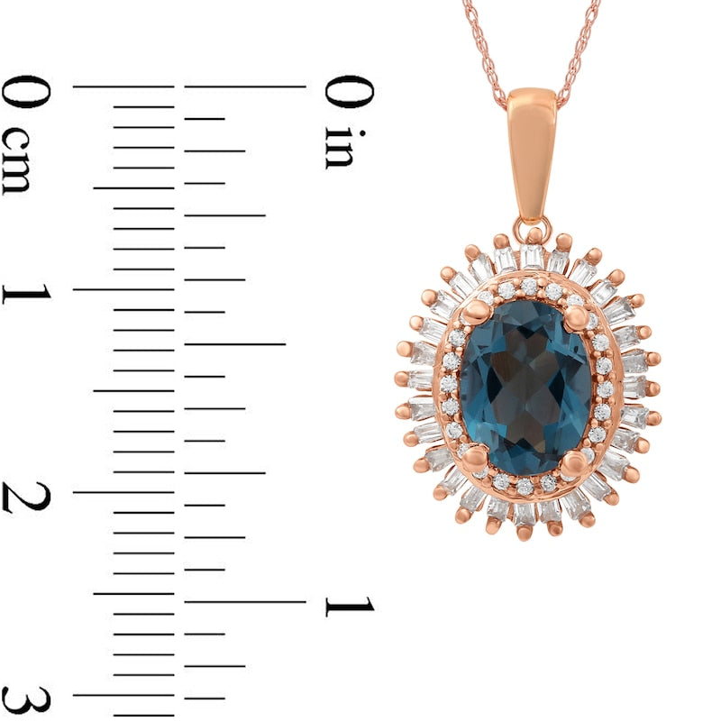 Oval London Blue Topaz and 0.25 CT. T.W. Baguette and Round Natural Diamond Double Frame Pendant in 10K Rose Gold