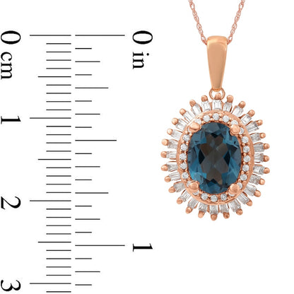 Oval London Blue Topaz and 0.25 CT. T.W. Baguette and Round Natural Diamond Double Frame Pendant in 10K Rose Gold