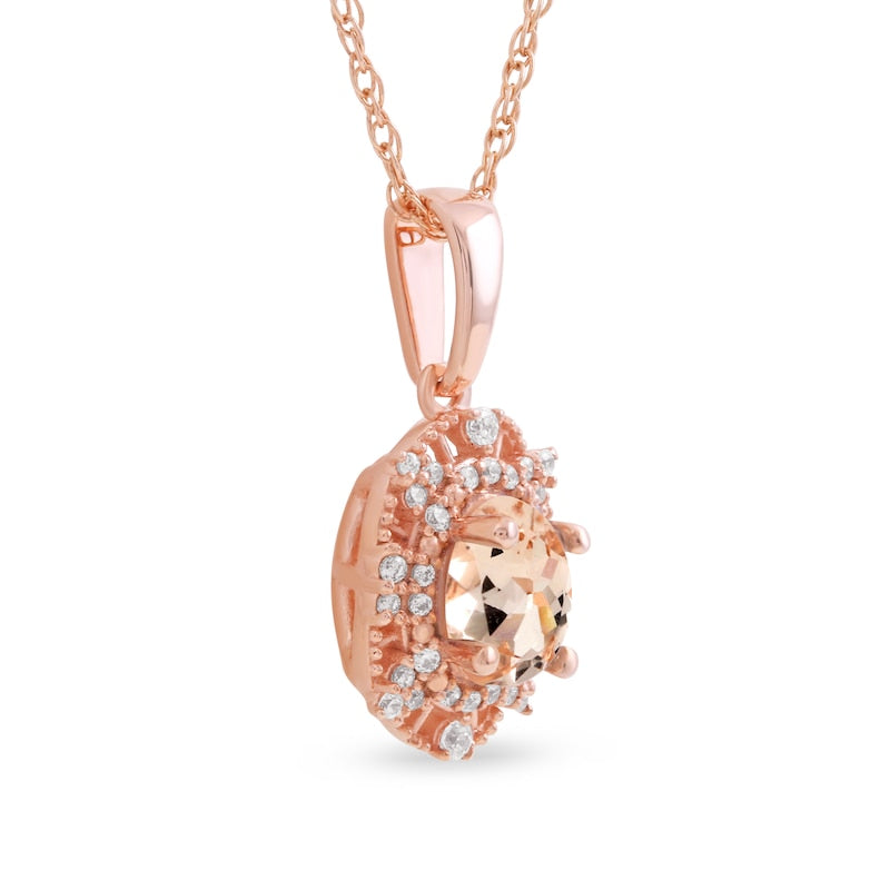 Oval Morganite and 0.1 CT. T.W. Natural Diamond Bead Frame Sunburst Pendant in 10K Rose Gold