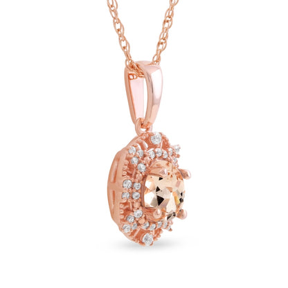 Oval Morganite and 0.1 CT. T.W. Natural Diamond Bead Frame Sunburst Pendant in 10K Rose Gold