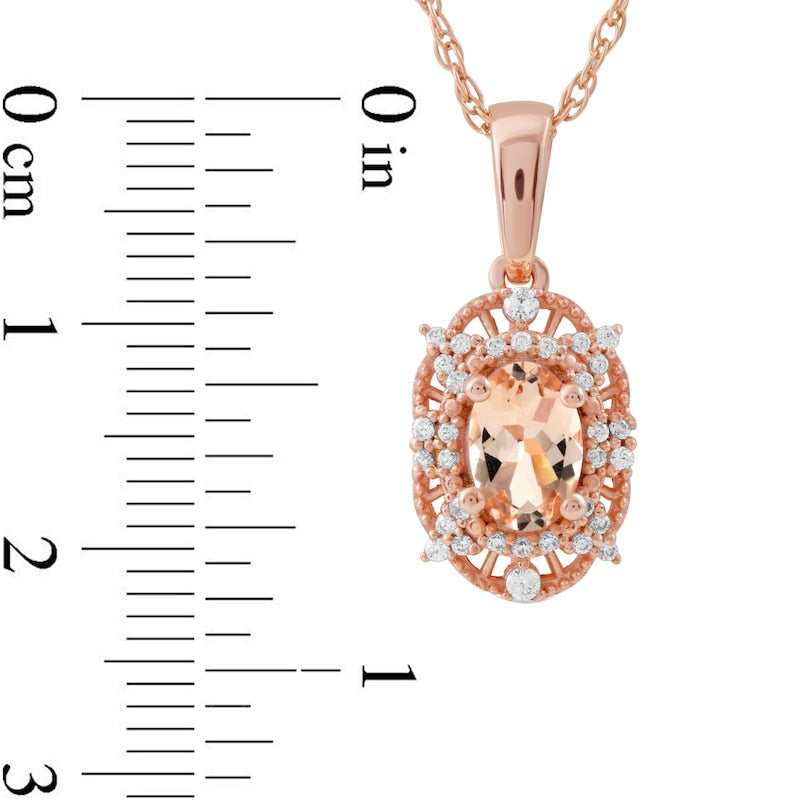 Oval Morganite and 0.1 CT. T.W. Natural Diamond Bead Frame Sunburst Pendant in 10K Rose Gold