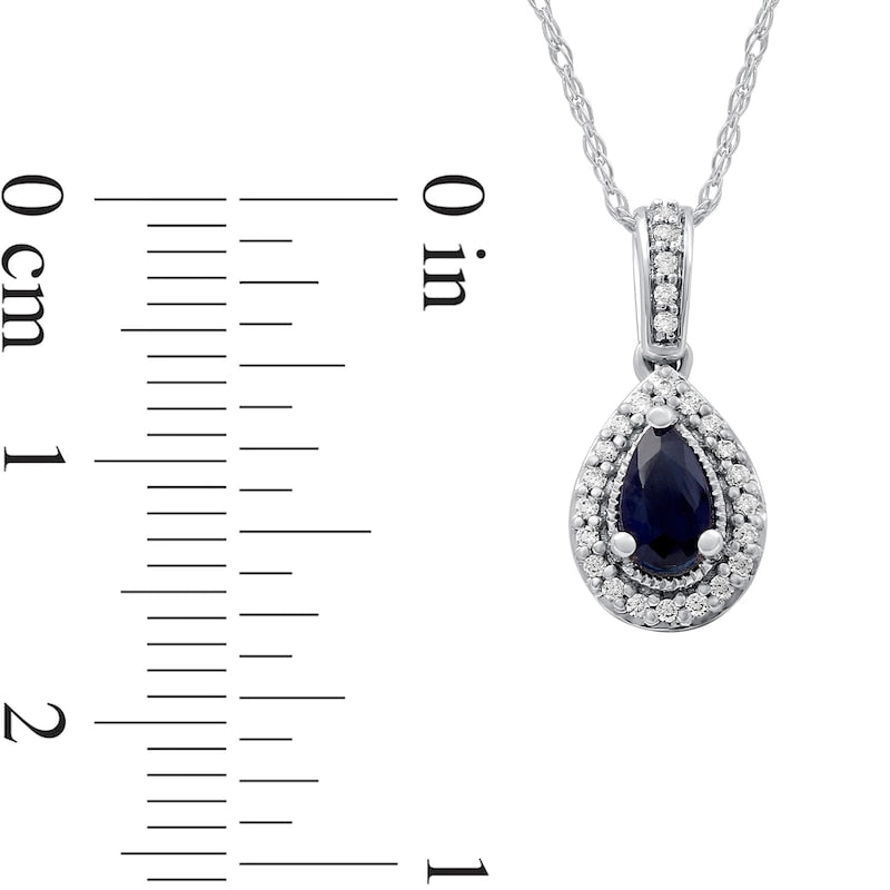 Pear-Shaped Blue Sapphire and 0.05 CT. T.W. Natural Diamond Frame Antique Vintage-Style Drop Pendant in 10K White Gold