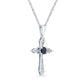 3.0mm Blue Sapphire and Natural Diamond Accent Beaded Gothic-Style Cross Pendant in 10K White Gold