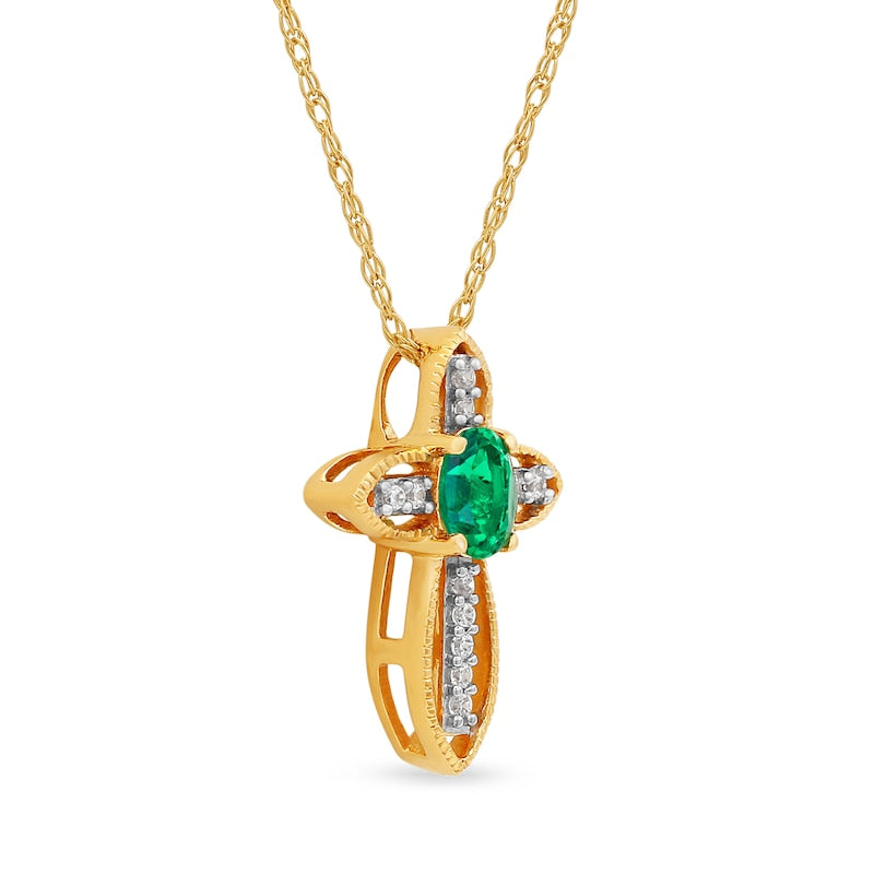 Oval Emerald and Natural Diamond Accent Open Frame Antique Vintage-Style Cross Pendant in 10K Yellow Gold