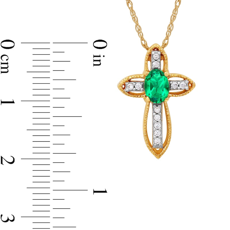 Oval Emerald and Natural Diamond Accent Open Frame Antique Vintage-Style Cross Pendant in 10K Yellow Gold