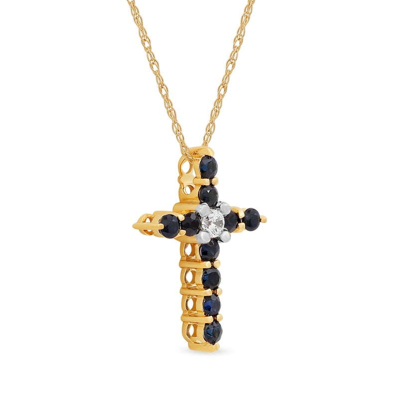 Blue Sapphire and 0.05 CT. Natural Diamond Cross Pendant in 10K Yellow Gold