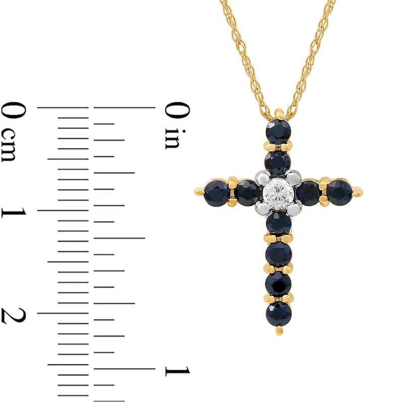 Blue Sapphire and 0.05 CT. Natural Diamond Cross Pendant in 10K Yellow Gold