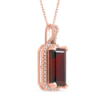 Emerald-Cut Garnet and 0.17 CT. T.W. Natural Diamond Octagonal Frame Twist Pendant in 10K Rose Gold