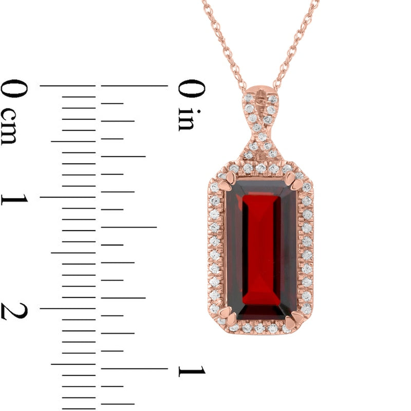 Emerald-Cut Garnet and 0.17 CT. T.W. Natural Diamond Octagonal Frame Twist Pendant in 10K Rose Gold