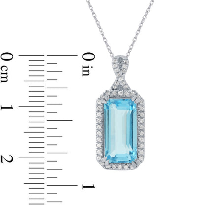 Emerald-Cut Swiss Blue Topaz and 0.17 CT. T.W. Natural Diamond Octagonal Frame Twist Pendant in 10K White Gold