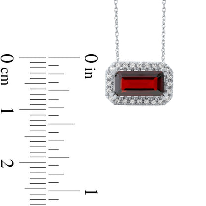 Sideways Emerald-Cut Garnet and White Lab-Created Sapphire Octagonal Frame Necklace in Sterling Silver
