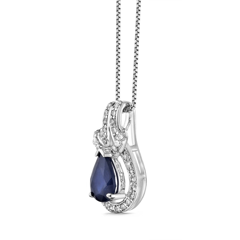 Pear-Shaped Blue Sapphire and 0.17 CT. T.W. Natural Diamond Frame Doorknocker Pendant in 10K White Gold