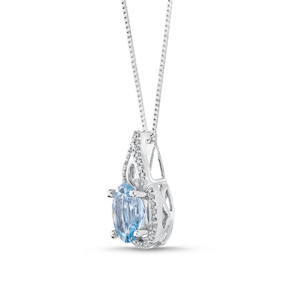 Oval Aquamarine and 0.13 CT. T.W. Natural Diamond Frame Open Flame Pendant in 10K White Gold