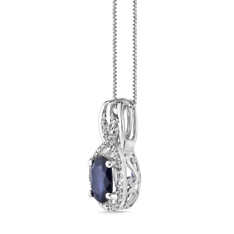 Oval Blue Sapphire and 0.1 CT. T.W. Natural Diamond Infinity Drop Pendant in 10K White Gold