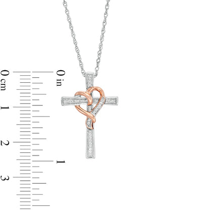 0.07 CT. T.W. Natural Diamond Cross with Ribbon Heart Overlay Pendant in Sterling Silver and 10K Rose Gold