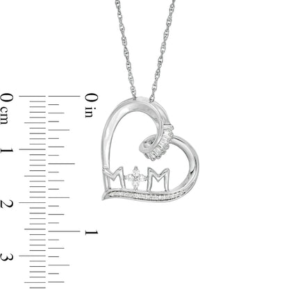 0.17 CT. T.W. Baguette and Round Natural Diamond "MOM" Tilted Heart Pendant in Sterling Silver