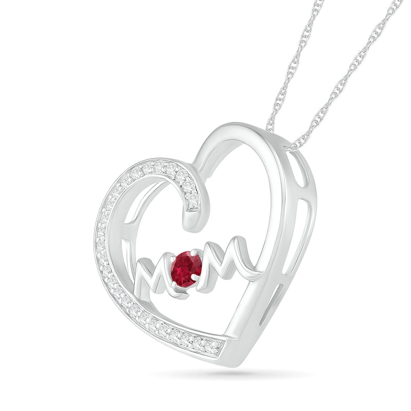 3.0mm Lab-Created Ruby and White Sapphire "MOM" Tilted Loop Heart Pendant in Sterling Silver