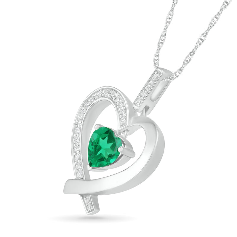 7.0mm Lab-Created Emerald and White Sapphire Ribbon Heart Pendant in Sterling Silver