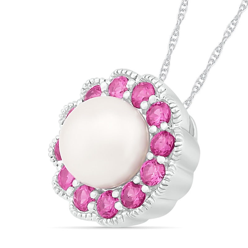 Cultured Freshwater Pearl and Lab-Created Pink Sapphire Frame Antique Vintage-Style Flower Pendant in Sterling Silver