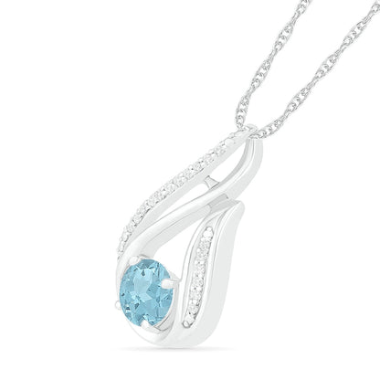 6.0mm Aquamarine and 0.07 CT. T.W. Natural Diamond Beaded Open Flame Pendant in Sterling Silver