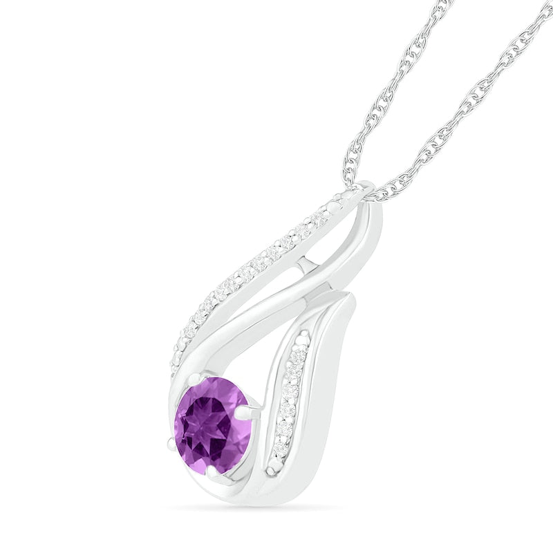 6.0mm Amethyst and 0.07 CT. T.W. Natural Diamond Beaded Open Flame Pendant in Sterling Silver