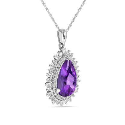 Pear-Shaped Amethyst and White Lab-Created Sapphire Double Shadow Frame Drop Pendant in Sterling Silver