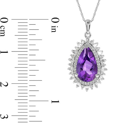 Pear-Shaped Amethyst and White Lab-Created Sapphire Double Shadow Frame Drop Pendant in Sterling Silver