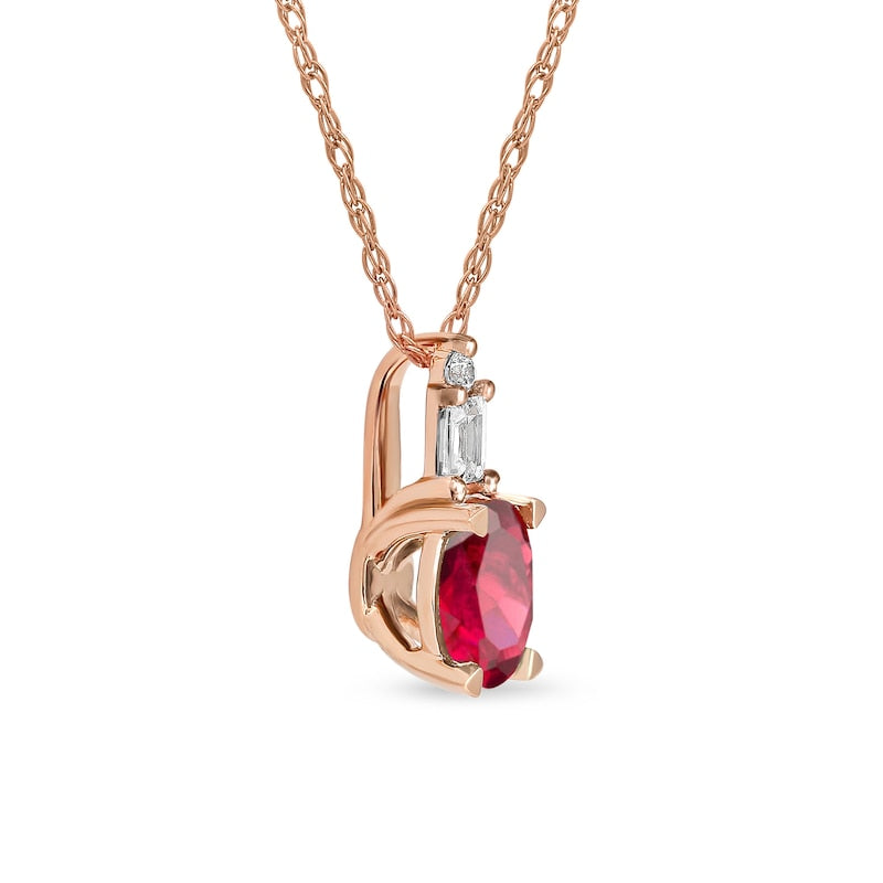 Oval Ruby and 0.05 CT. T.W. Baguette and Round Natural Diamond Stacked Top Accent Pendant in 10K Rose Gold
