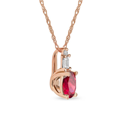 Oval Ruby and 0.05 CT. T.W. Baguette and Round Natural Diamond Stacked Top Accent Pendant in 10K Rose Gold