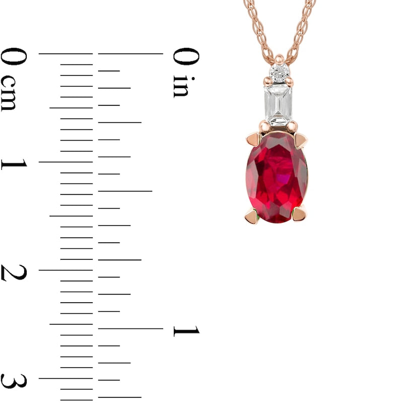 Oval Ruby and 0.05 CT. T.W. Baguette and Round Natural Diamond Stacked Top Accent Pendant in 10K Rose Gold