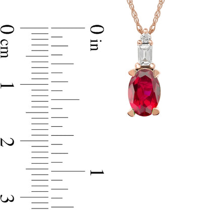 Oval Ruby and 0.05 CT. T.W. Baguette and Round Natural Diamond Stacked Top Accent Pendant in 10K Rose Gold