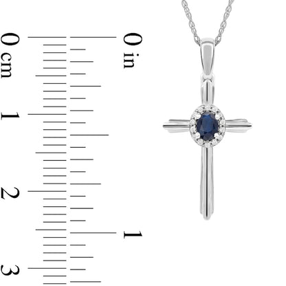 Oval Blue Sapphire and 0.05 CT. T.W. Natural Diamond Frame Layered Cross Pendant in 10K White Gold