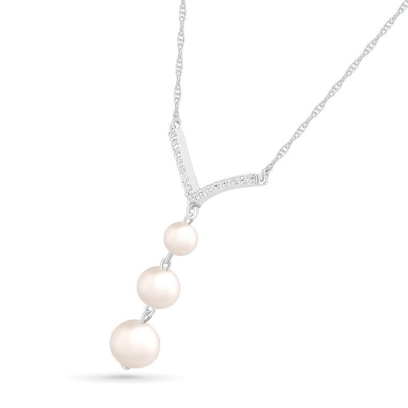 4.0-6.0mm Cultured Freshwater Pearl and White Lab-Created Sapphire Chevron "Y" Necklace in Sterling Silver