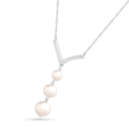 4.0-6.0mm Cultured Freshwater Pearl and White Lab-Created Sapphire Chevron "Y" Necklace in Sterling Silver
