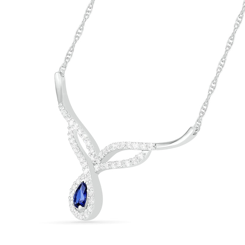 Pear-Shaped Lab-Created Blue and White Sapphire Frame Teardrop Chevron Necklace in Sterling Silver
