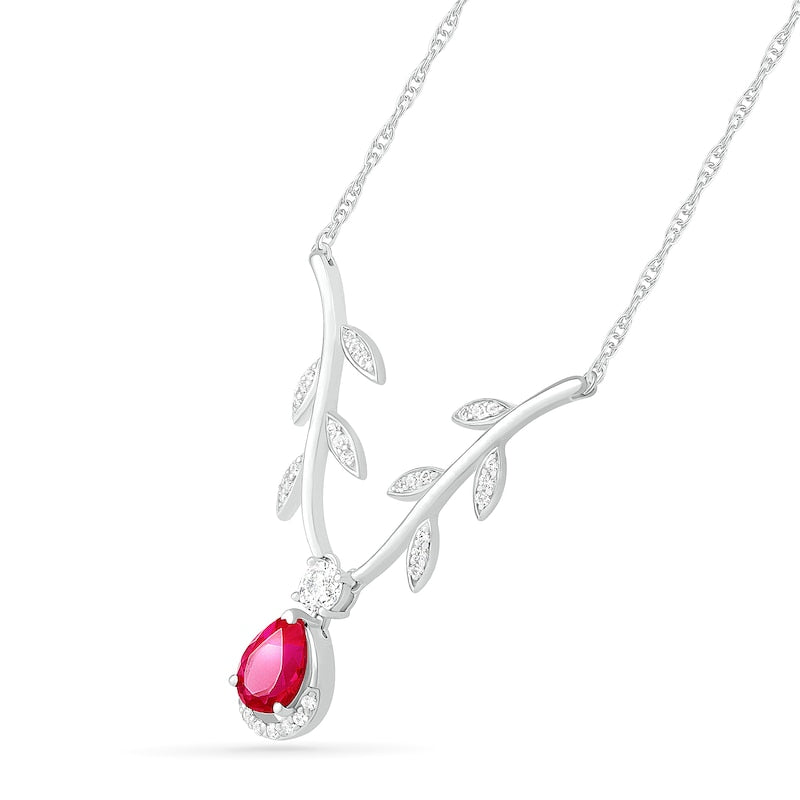 Pear-Shaped Lab-Created Ruby and White Sapphire Border Leafy Branch Deep Chevron Necklace in Sterling Silver