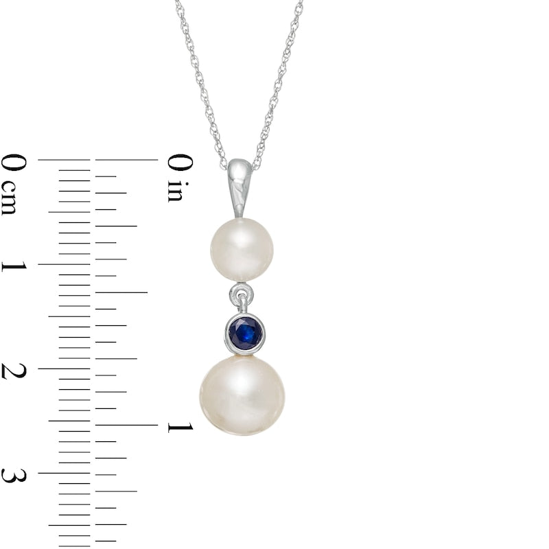 Button Cultured Freshwater Pearl and Blue Sapphire Double Drop Pendant in 10K White Gold