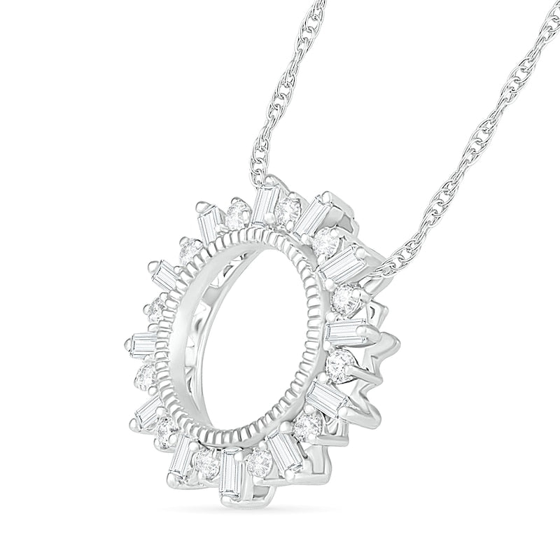 0.25 CT. T.W. Baguette and Round Natural Diamond Circle Sunburst Pendant in 10K White Gold