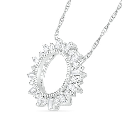 0.25 CT. T.W. Baguette and Round Natural Diamond Circle Sunburst Pendant in 10K White Gold