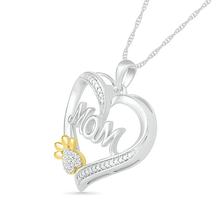 Natural Diamond Accent Heart "Mom" with Paw Pendant in Sterling Silver and 10K Yellow Gold