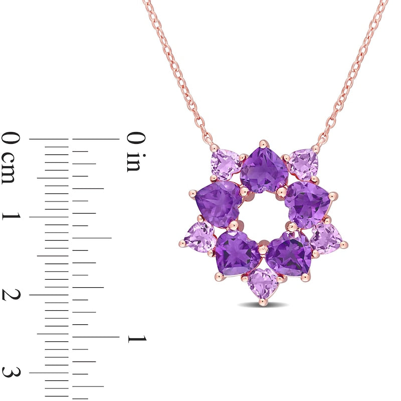 Heart-Shaped Amethyst and Rose de France Open Flower Necklace in Sterling Silver with Rose Rhodium