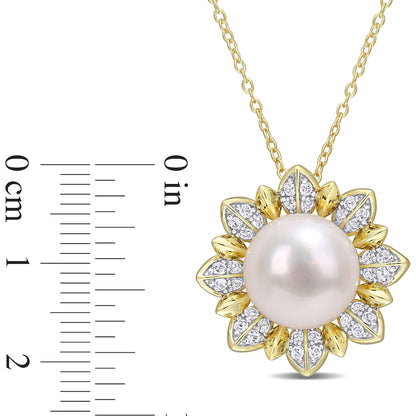 11.5-12.0mm Button Cultured Freshwater Pearl and White Topaz Sunburst Pendant in Sterling Silver with Yellow Rhodium