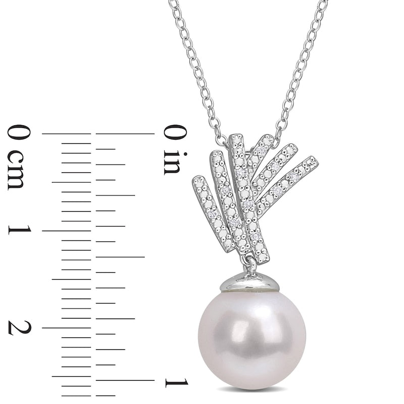 11.0-12.0mm Cultured Freshwater Pearl and 0.05 CT. T.W. Natural Diamond Criss-Cross Fan Drop Pendant in Sterling Silver