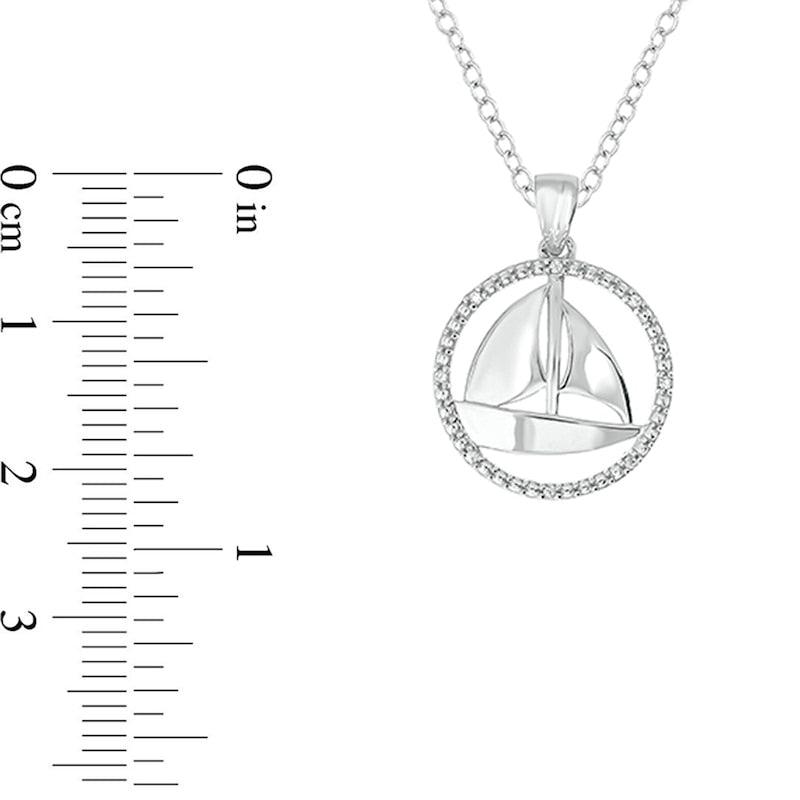 Natural Diamond Accent Circle Outline Sailboat Pendant in Sterling Silver