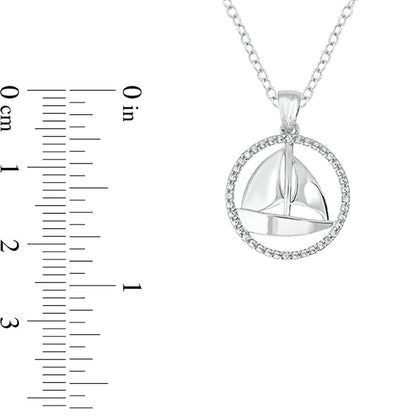 Natural Diamond Accent Circle Outline Sailboat Pendant in Sterling Silver