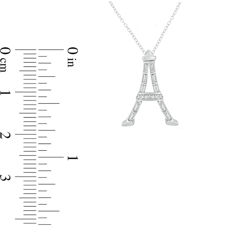 0.1 CT. T.W. Baguette and Round Natural Diamond Eiffel Tower Pendant in Sterling Silver