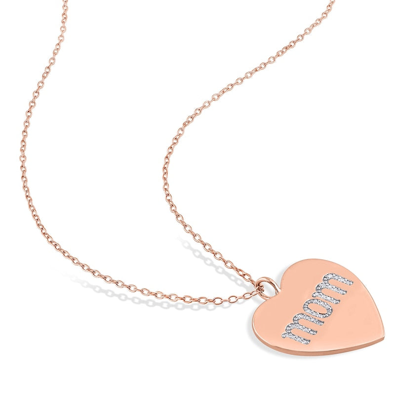0.1 CT. T.W. Natural Diamond "mom" Heart Pendant in Sterling Silver with Rose Rhodium Plate